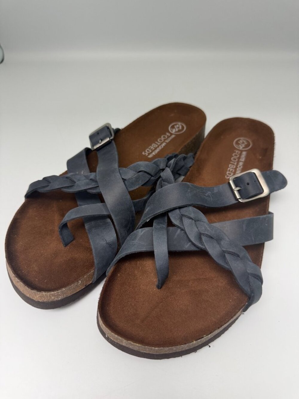 10 WOMENS White Mountain Foodbeds Harrington Blue Leather Sandals Flip Flops